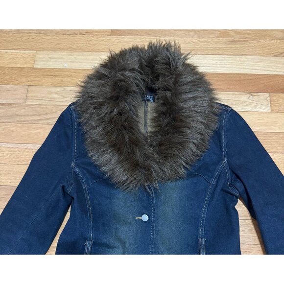 MIXIT Women’s Denim Long Coat Size 6 Faux Fur Collar Vintage Y2K Stretch - Picture 3 of 10